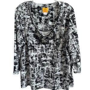 Ruby Rd Women's Black White Jeweled Beaded V-Neck 3/4 Sleeve Blouse 1X